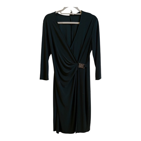 Anne Klein Dresses & Skirts - Anne Klein Teal Faux Wrap Dress Long Blouson Sleeve Gold Buckle Sz 12 J02MIAS289